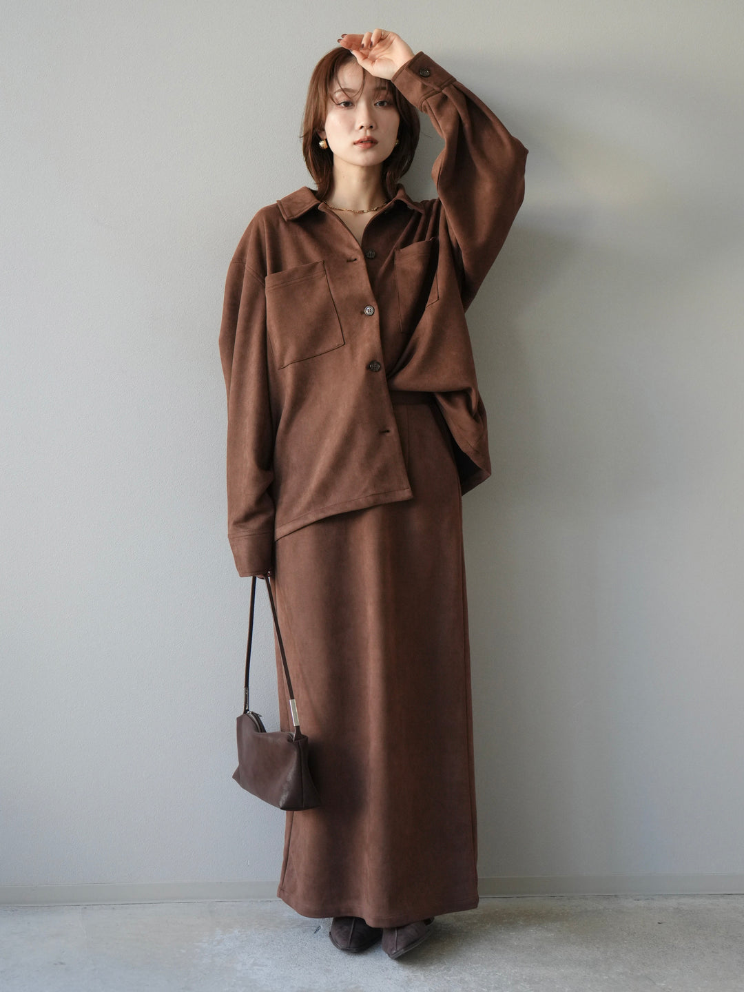 [SET]スエードシャツジャケット+スエードタイトスカート(2set)