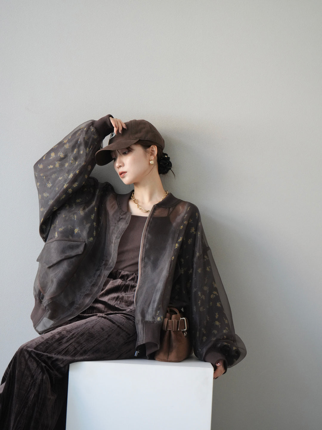 [予約]フラワーチュールドッキングブルゾン/ブラウン