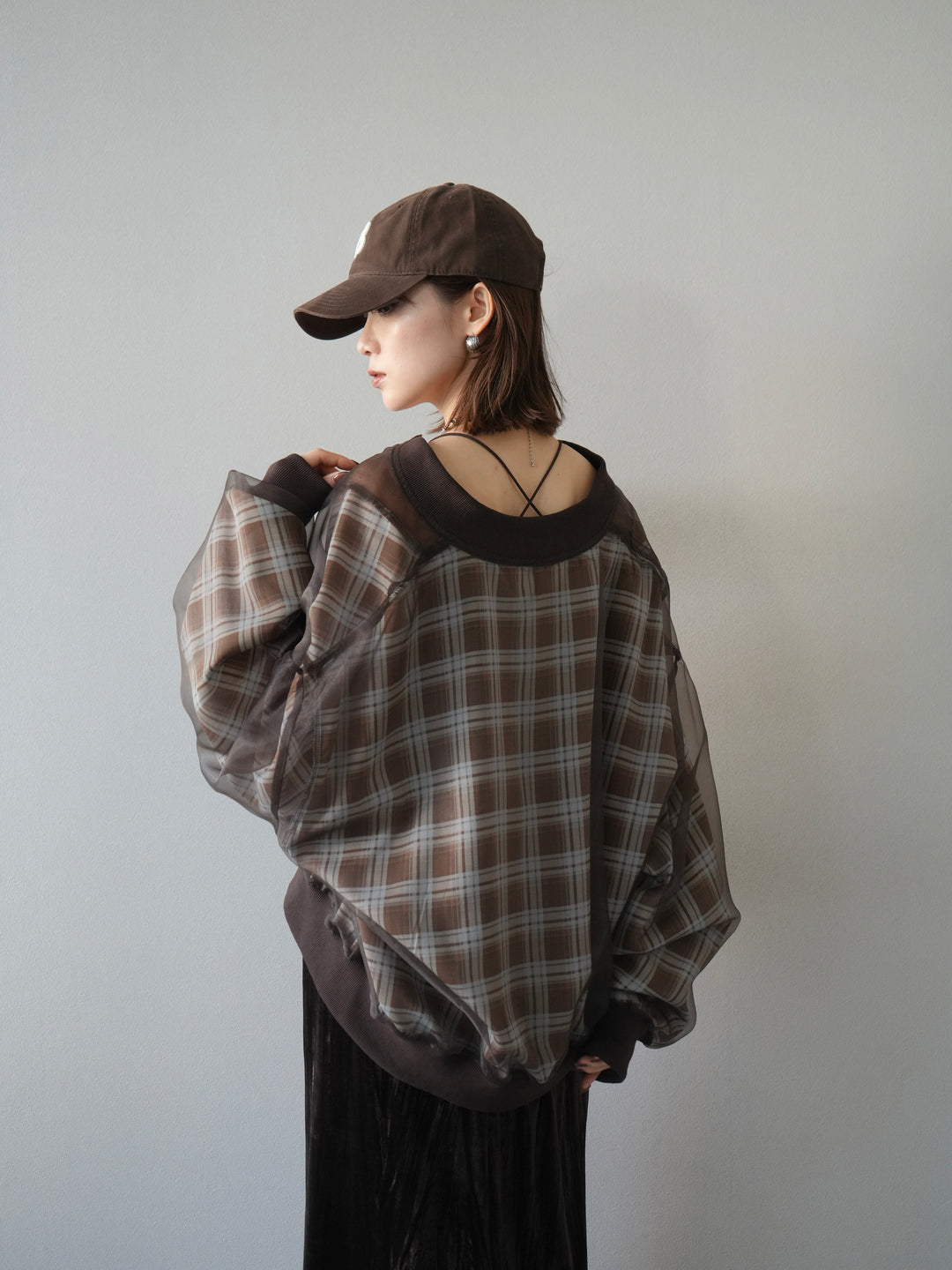 [預購] 格紋薄紗對接外套/棕色