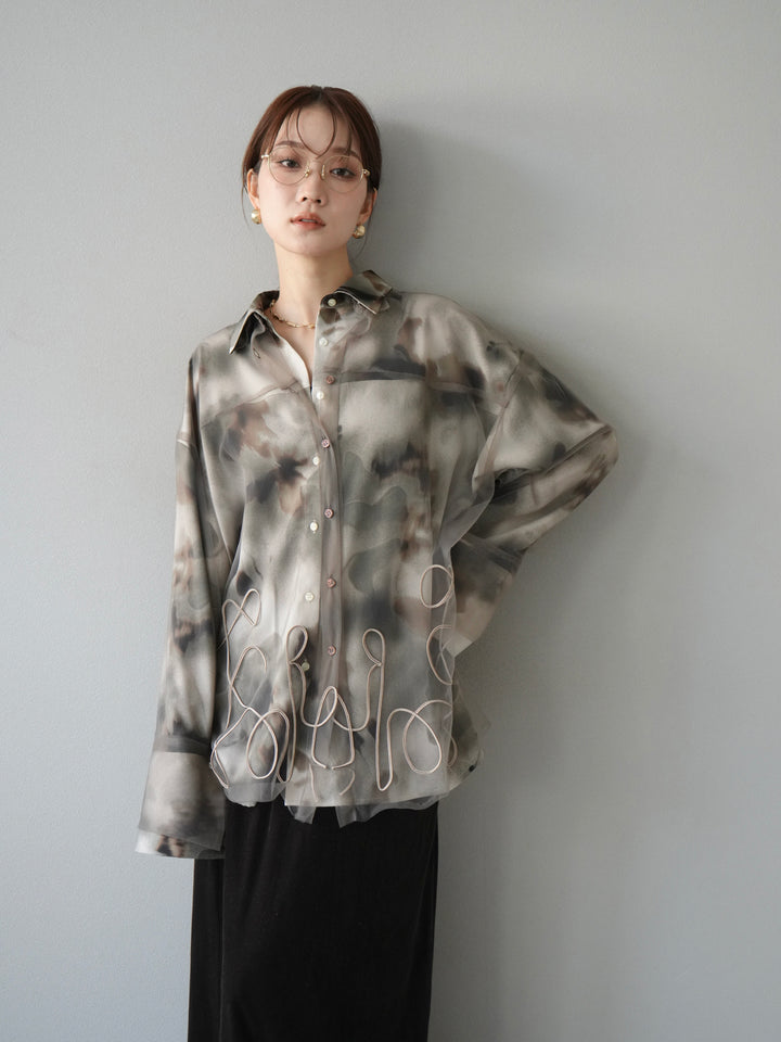 [SET]コード刺繍チュールシャツ＆ニュアンス柄シャツアンサンブル+ベロアナロースカート(2set)