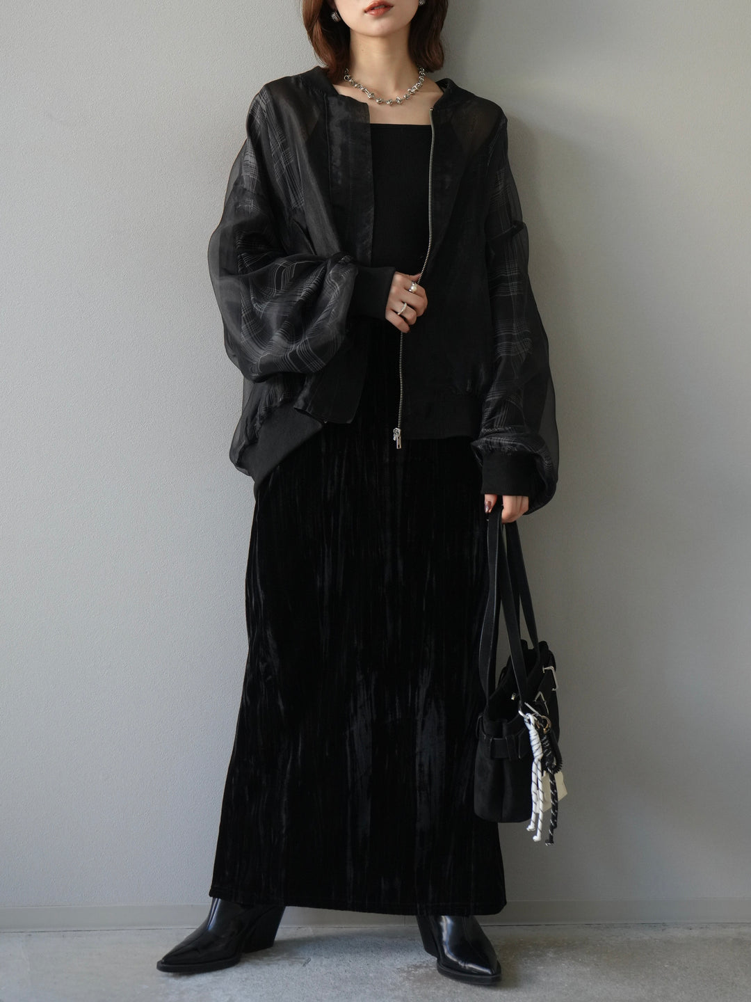 [SET]チェックチュールドッキングブルゾン+クラッシュベロアナロースカート(2set)