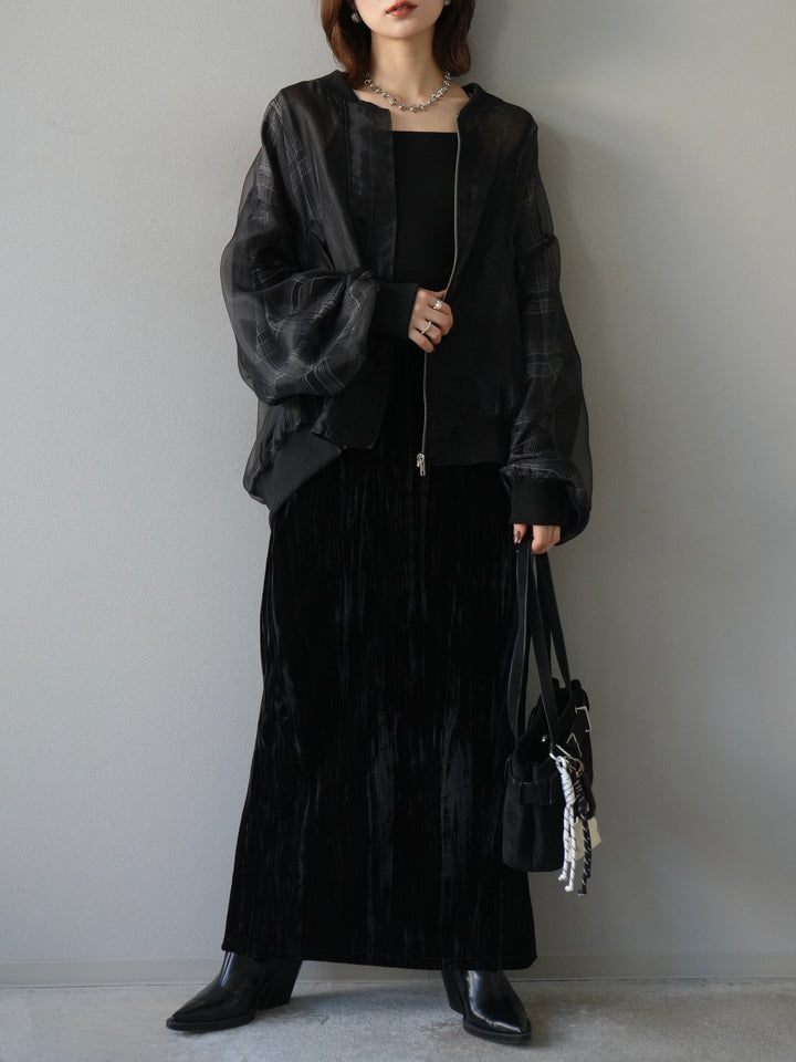 [SET]チェックチュールドッキングブルゾン+クラッシュベロアナロースカート(2set)