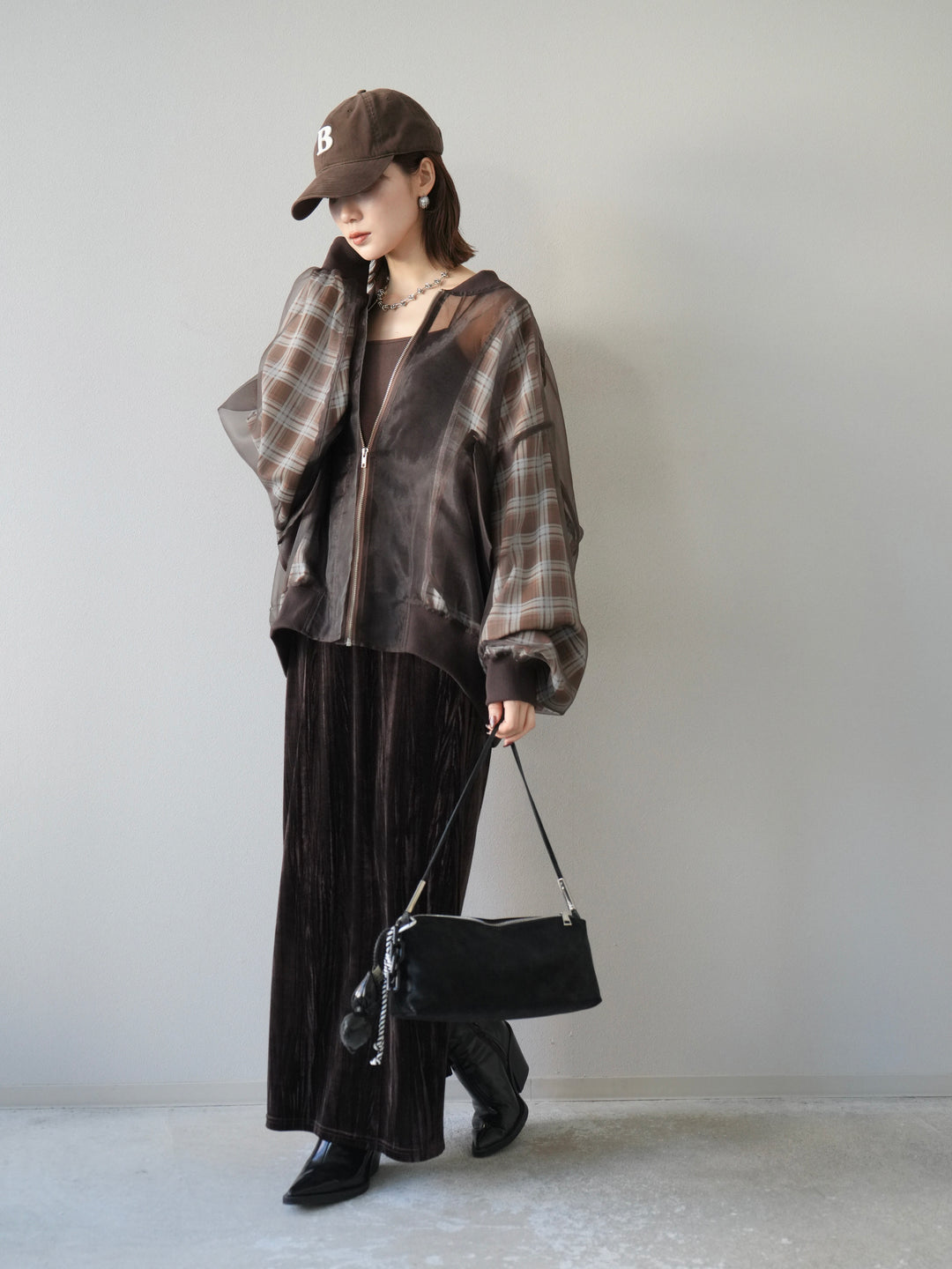 [SET]チェックチュールドッキングブルゾン+クラッシュベロアナロースカート(2set)