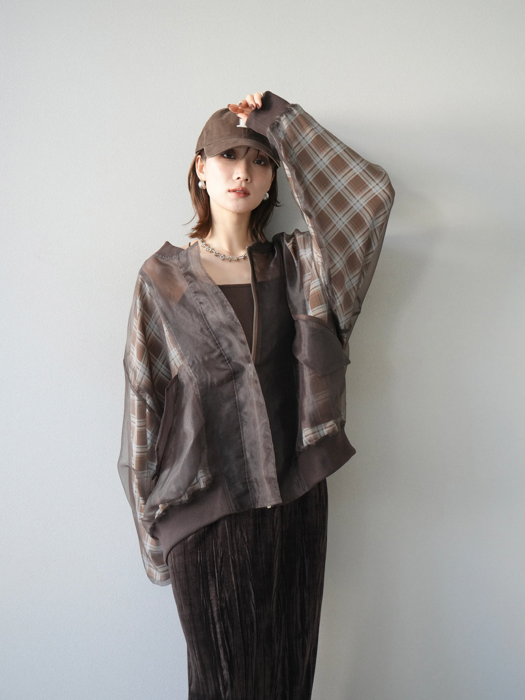[預購] 格紋薄紗對接外套/棕色