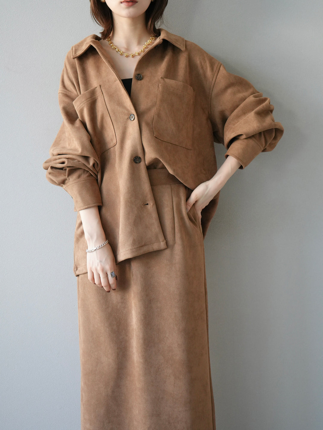 [SET]スエードシャツジャケット+スエードタイトスカート(2set)