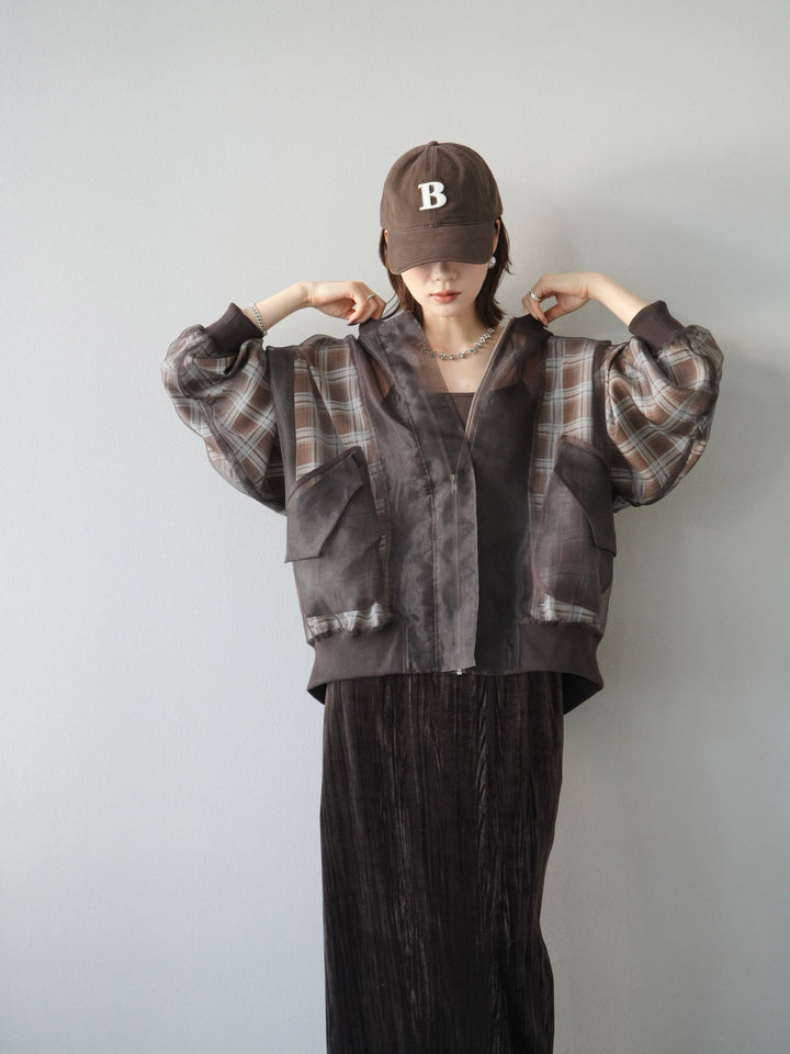 [預購] 格紋薄紗對接外套/棕色