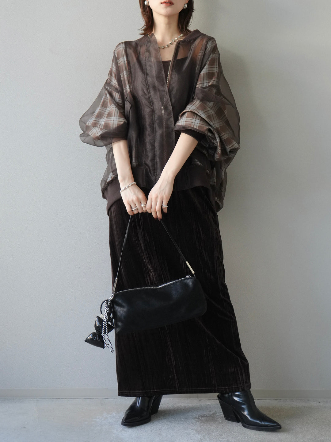 [SET]チェックチュールドッキングブルゾン+クラッシュベロアナロースカート(2set)