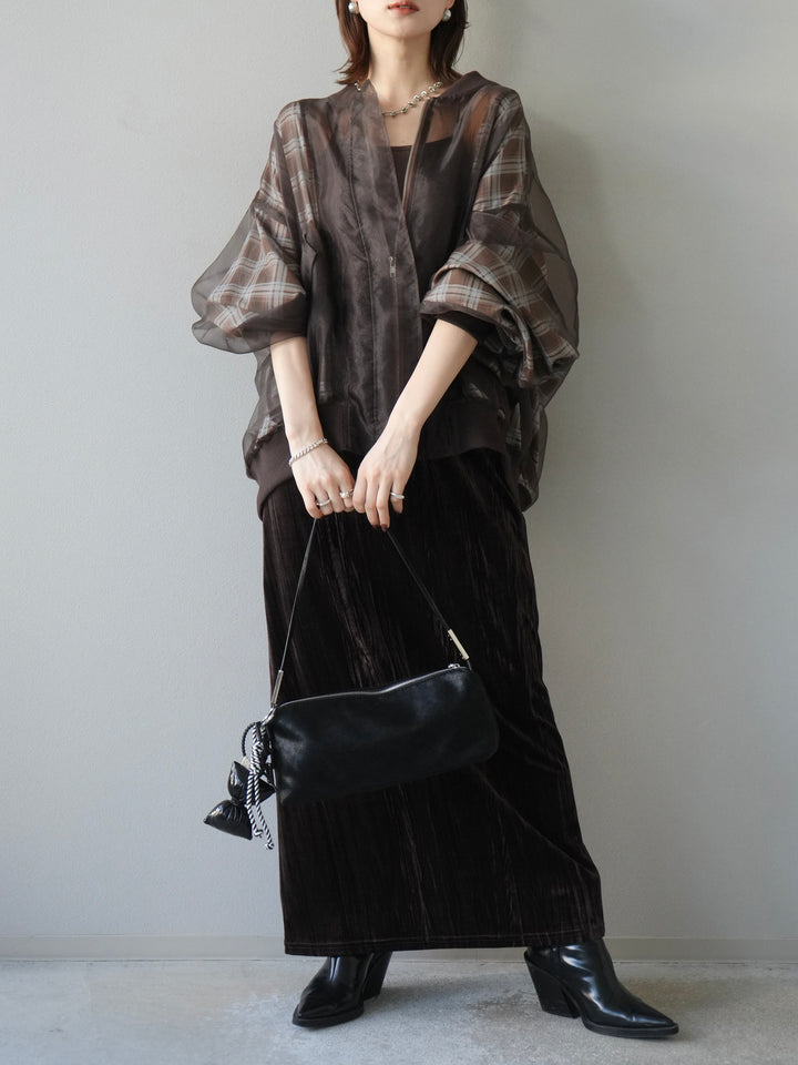 [SET]チェックチュールドッキングブルゾン+クラッシュベロアナロースカート(2set)