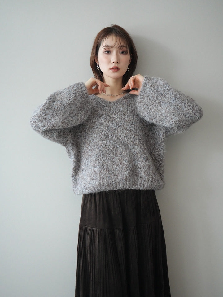 [予約]Vネックミックスヤーンニットプルオーバー/blue