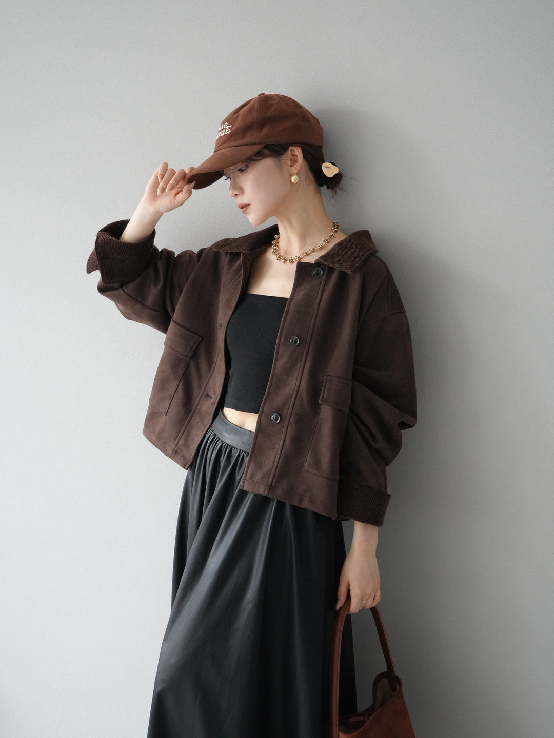 [予約]コーデュロイ切替スウェードショートジャケット/ブラウン