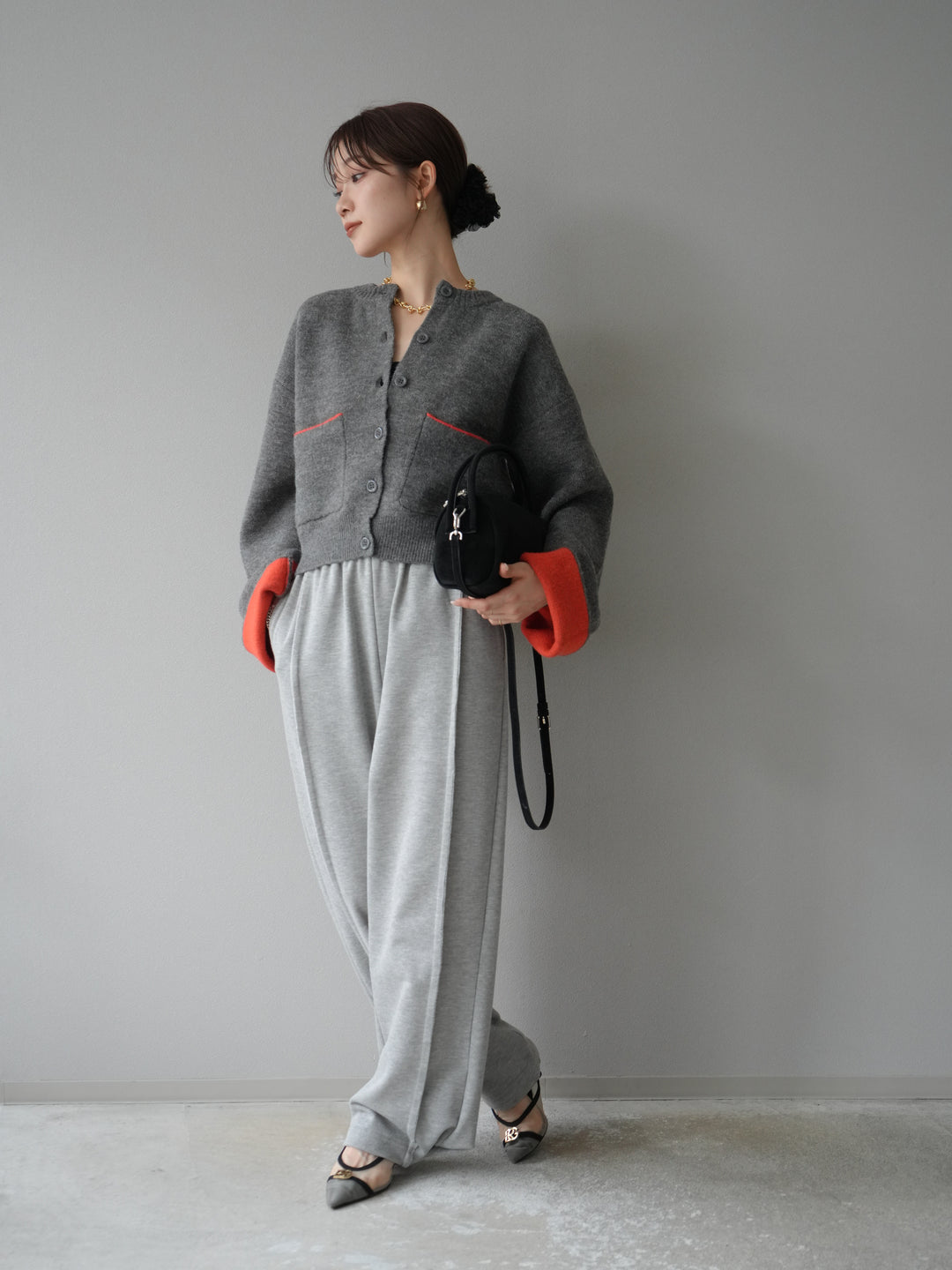 [予約]バイカラーオーバーニットカーディガン/チャコール