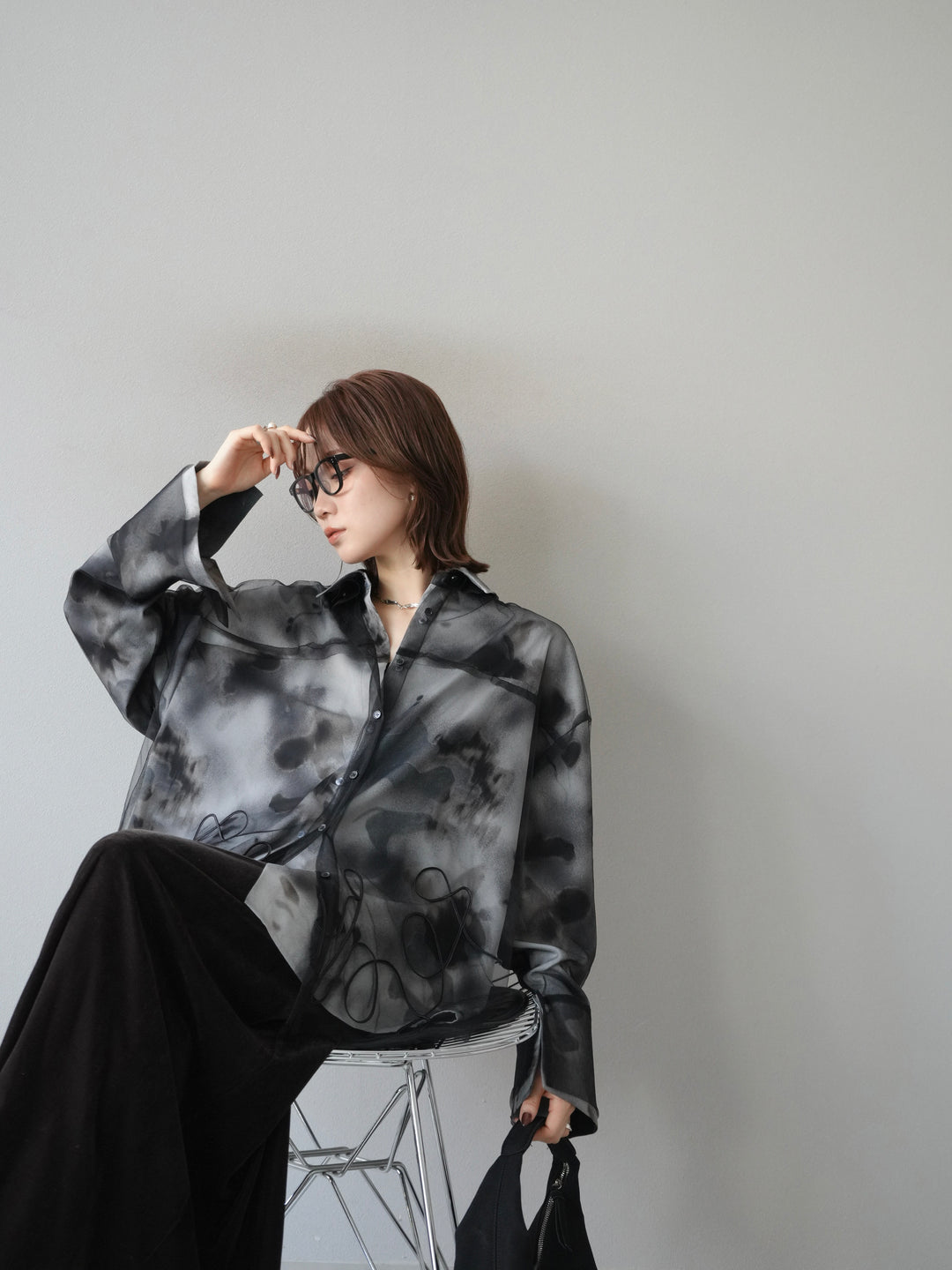 [SET]コード刺繍チュールシャツ＆ニュアンス柄シャツアンサンブル+ベロアナロースカート(2set)