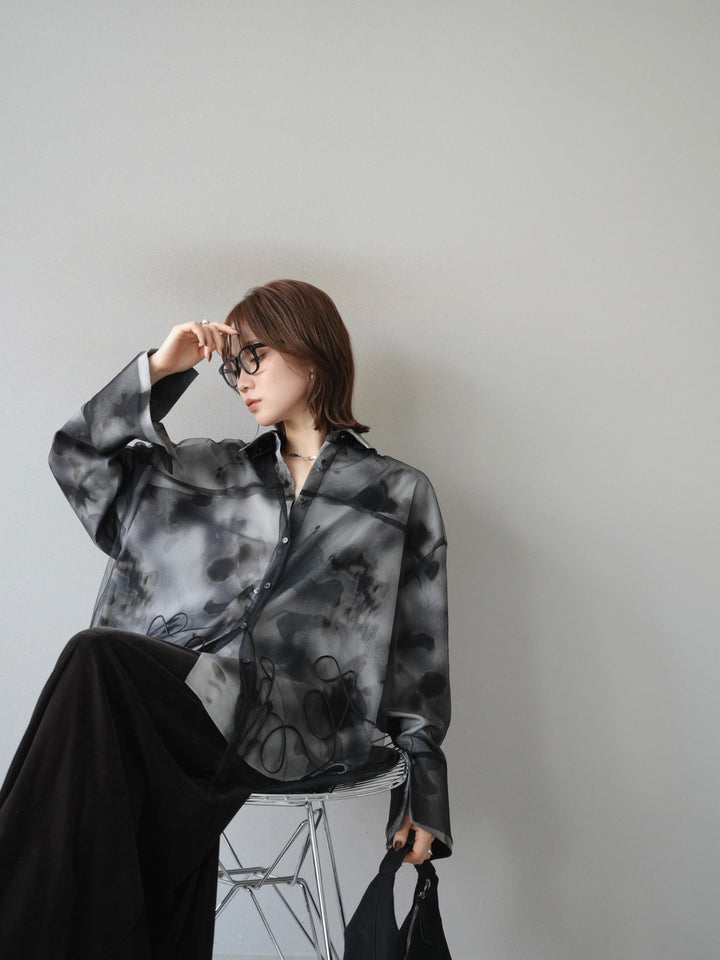 [SET]コード刺繍チュールシャツ＆ニュアンス柄シャツアンサンブル+ベロアナロースカート(2set)