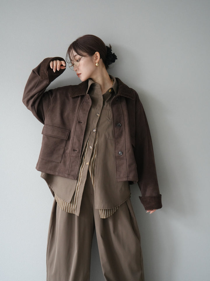 [予約]コーデュロイ切替スウェードショートジャケット/ブラウン