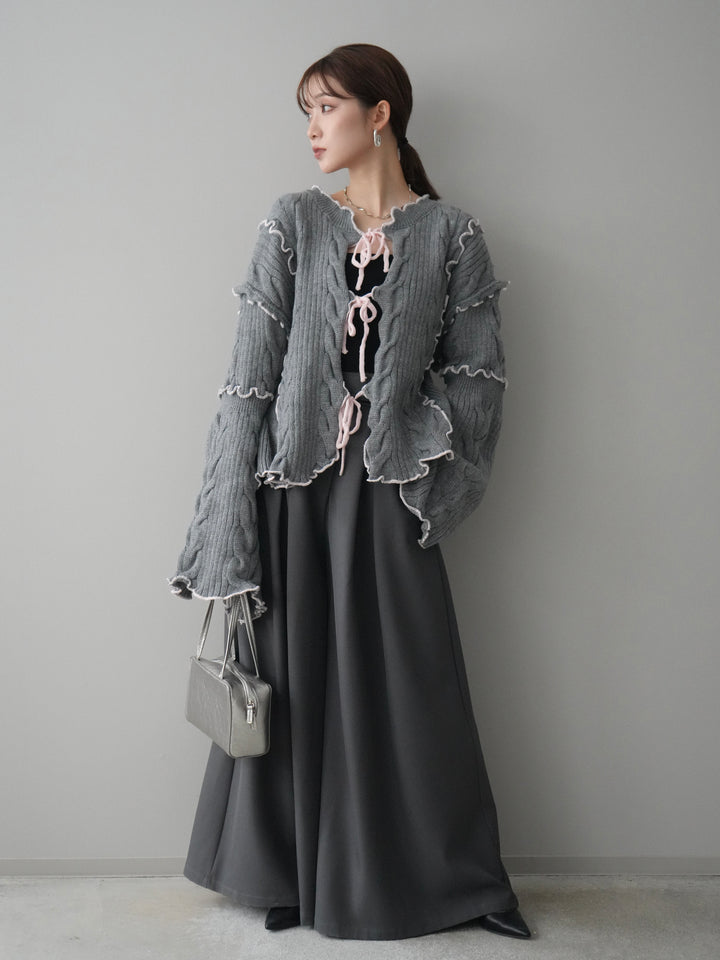 [SET]フロントリボン配色メローニットカーディガン+テープベルトタックバギーパンツ(2set)