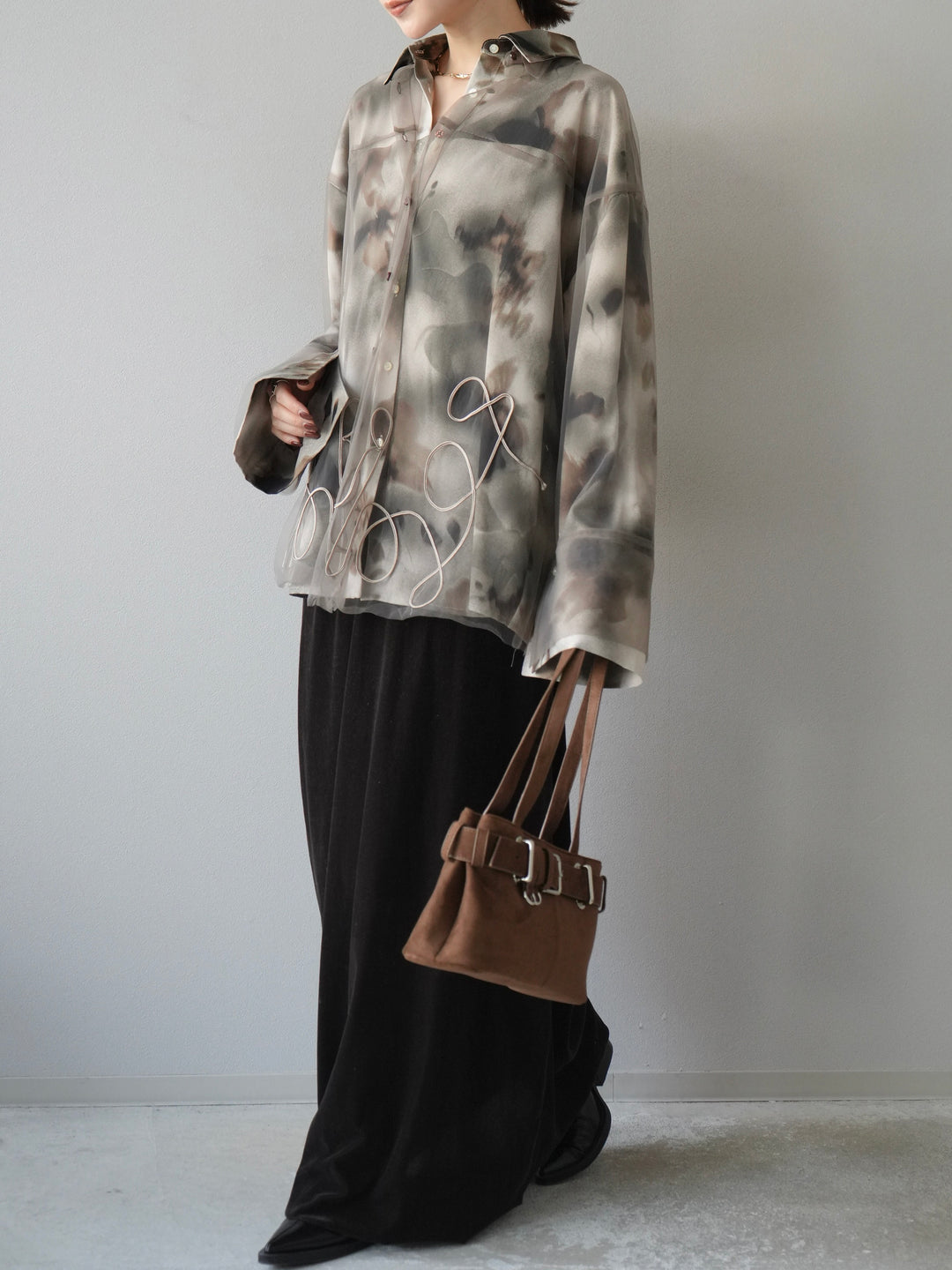 [SET]コード刺繍チュールシャツ＆ニュアンス柄シャツアンサンブル+ベロアナロースカート(2set)