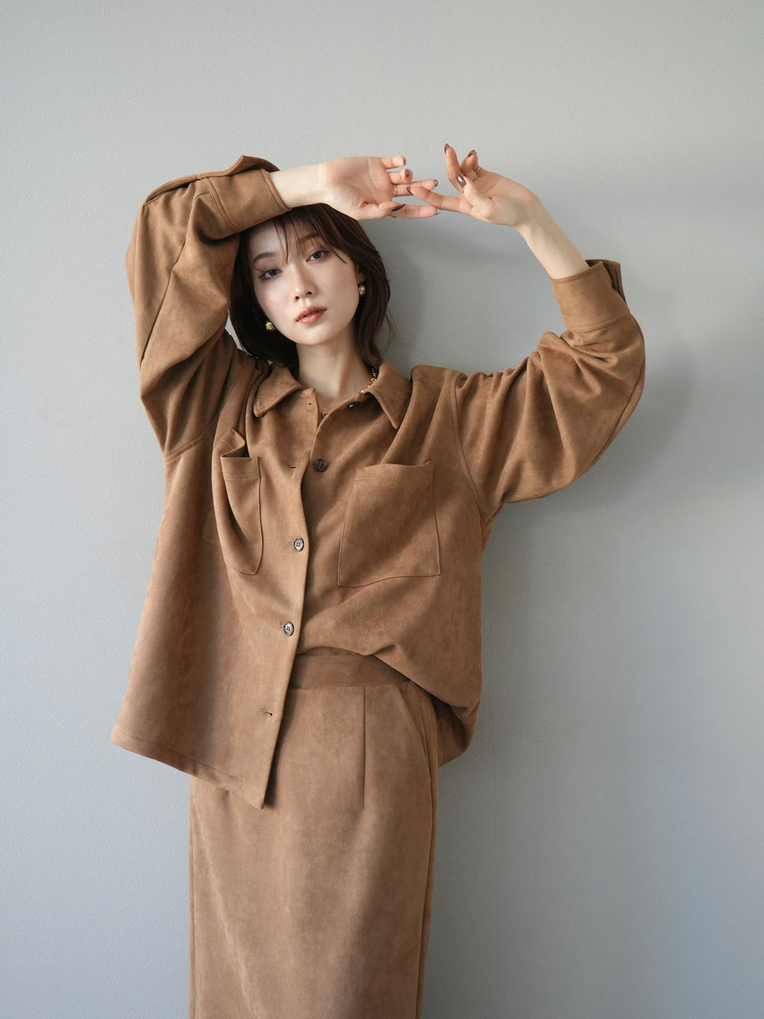 [SET]スエードシャツジャケット+スエードタイトスカート(2set)