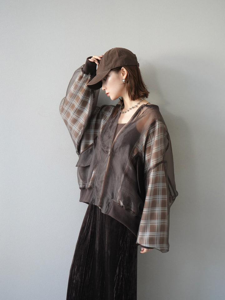 [預購] 格紋薄紗對接外套/棕色