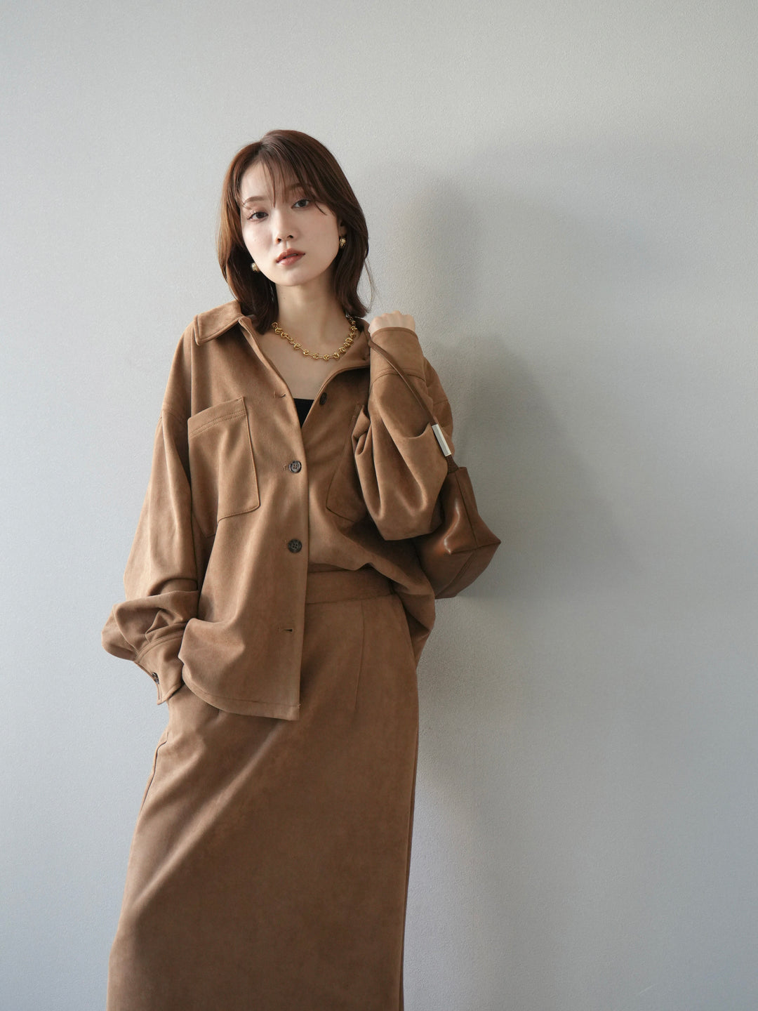 [SET]スエードシャツジャケット+スエードタイトスカート(2set)