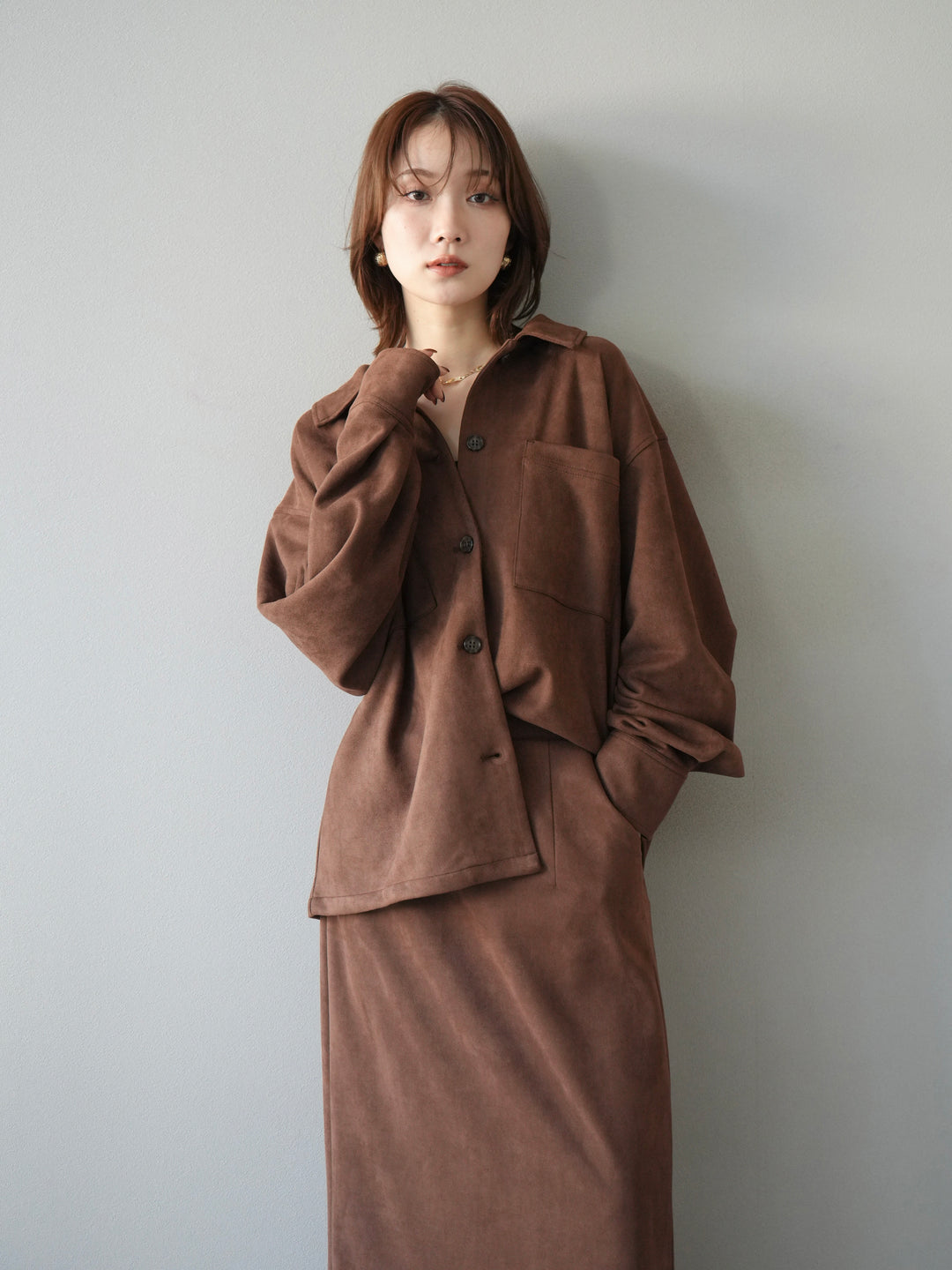 [SET]スエードシャツジャケット+スエードタイトスカート(2set)
