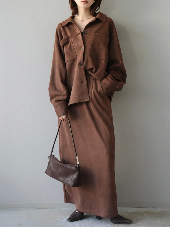 [SET]スエードシャツジャケット+スエードタイトスカート(2set)