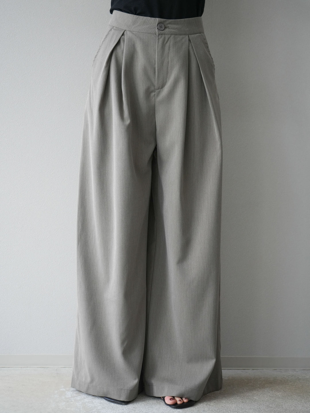 [SET] 條紋褶襉露肩上衣＆寬褲 SET UP (2set)