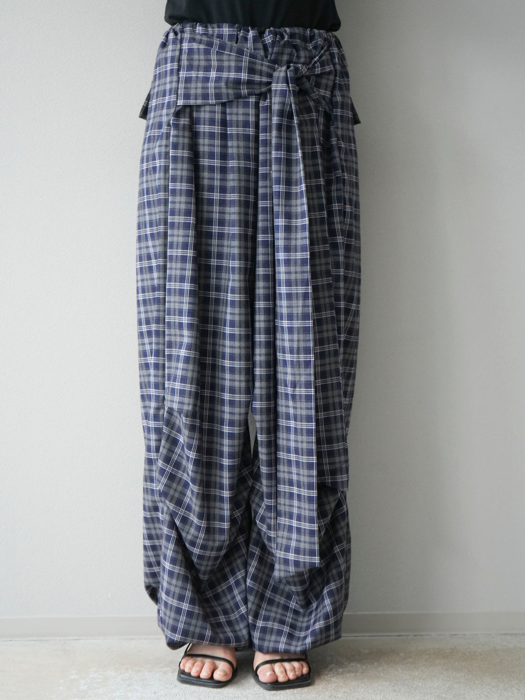 [予約]チェック柄ウエスト巻きドロストパンツ/ネイビー