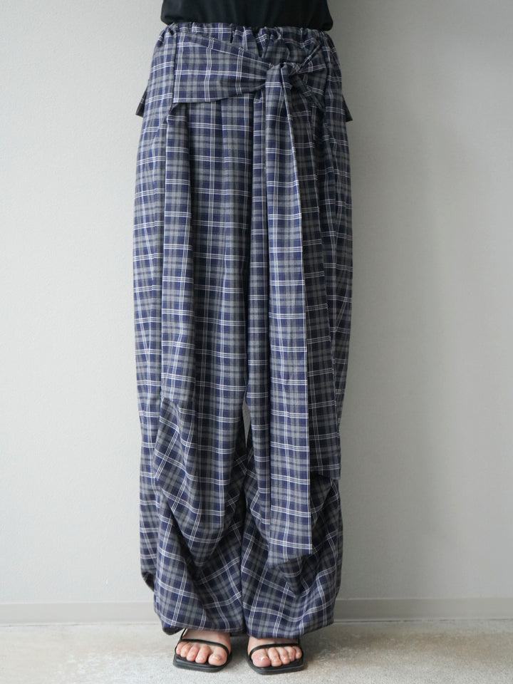 [予約]チェック柄ウエスト巻きドロストパンツ/ネイビー