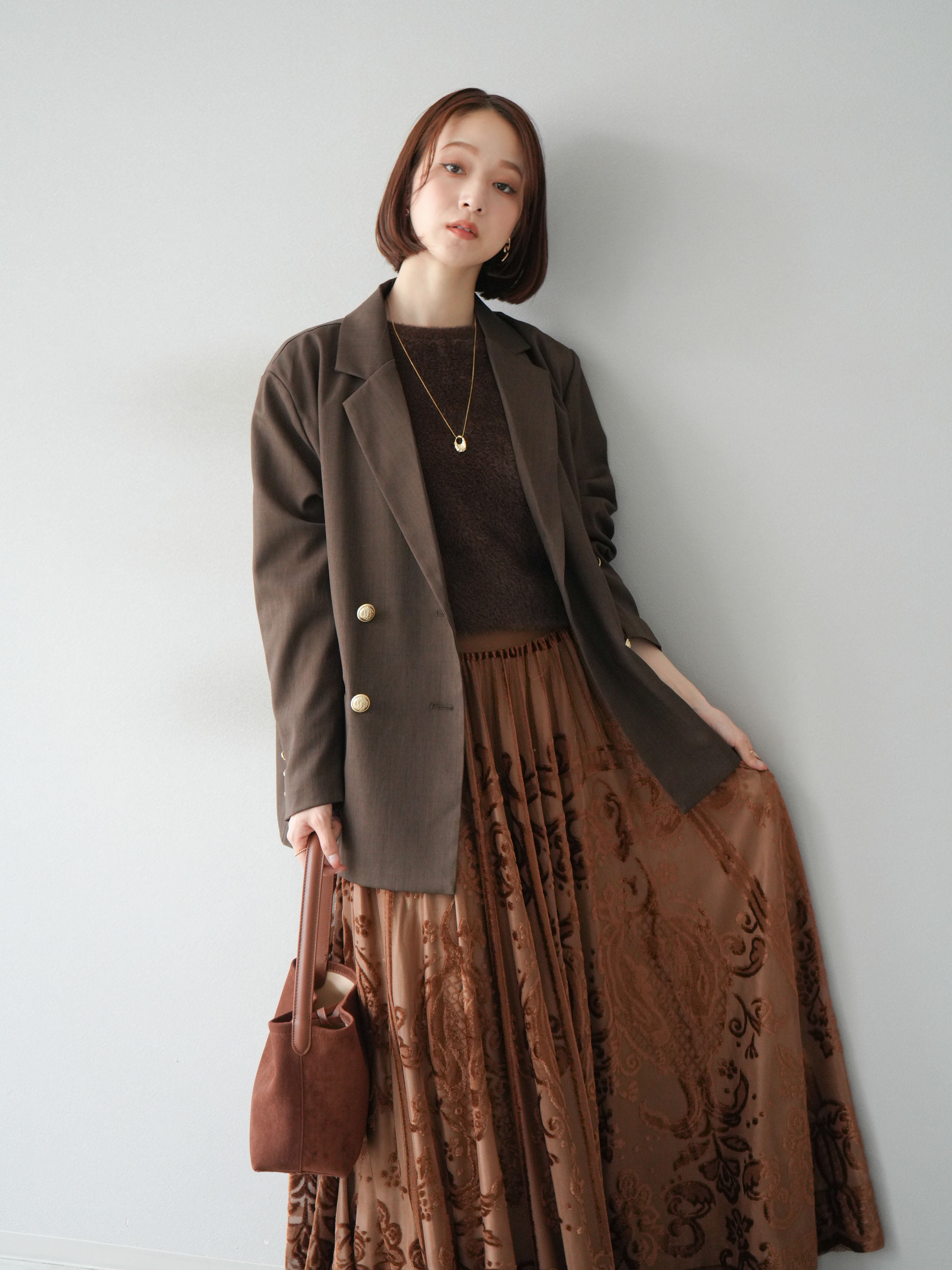 SET]ゴールドボタンツイルダブルテーラードジャケット+選べるアクセ