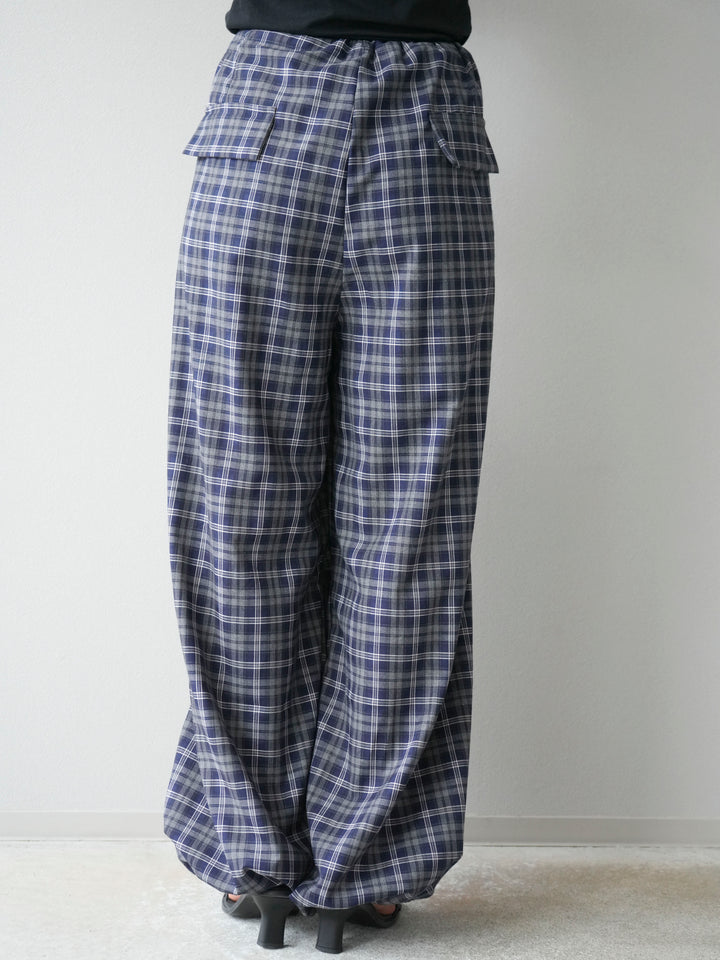 [予約]チェック柄ウエスト巻きドロストパンツ/ネイビー