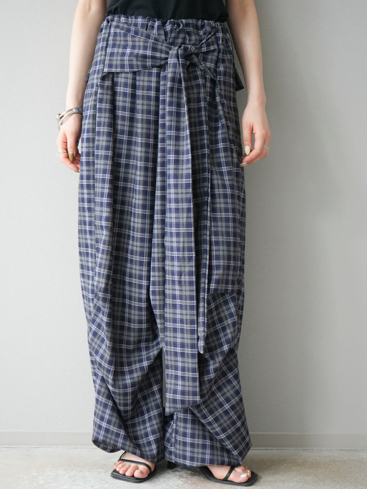 [予約]チェック柄ウエスト巻きドロストパンツ/ネイビー