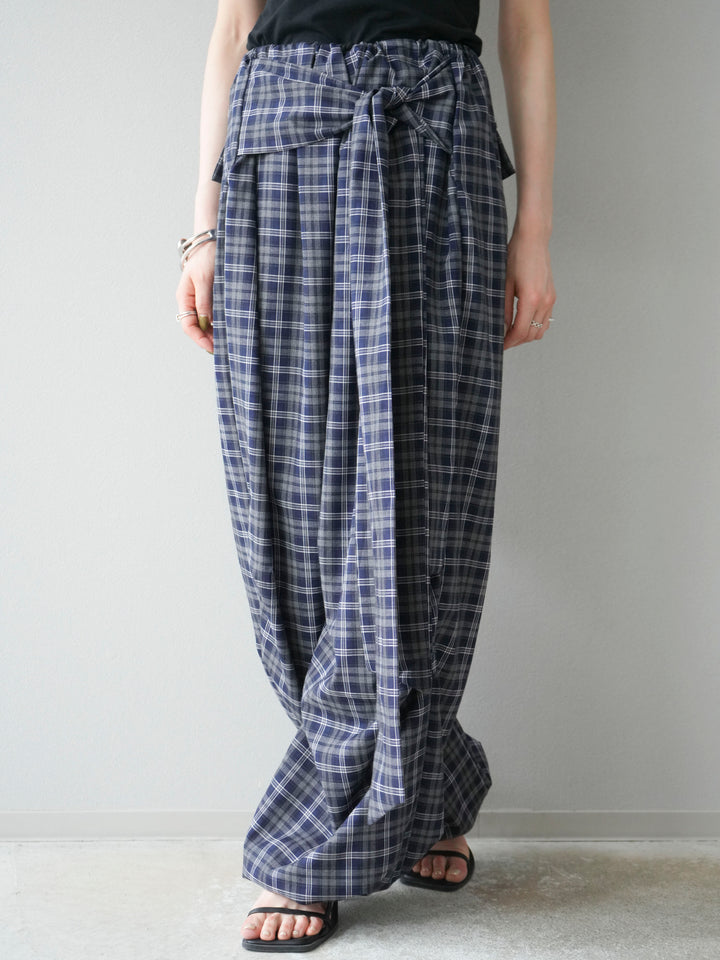 [予約]チェック柄ウエスト巻きドロストパンツ/ネイビー