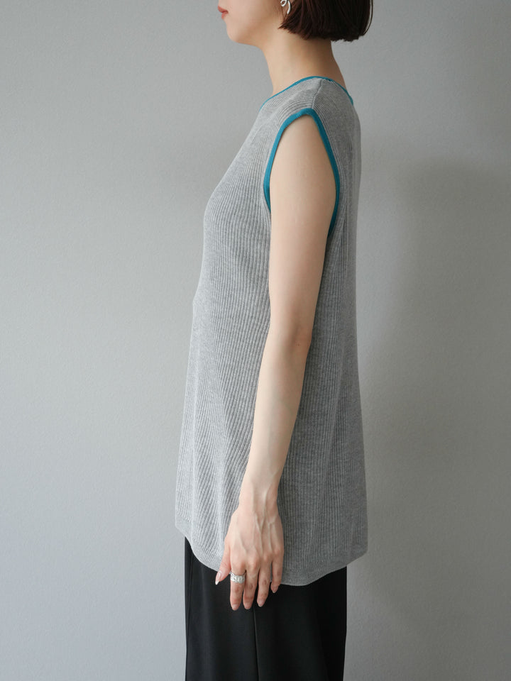 [予約]リネンタッチ配色ニットノースリーブプルオーバー/モクグレー