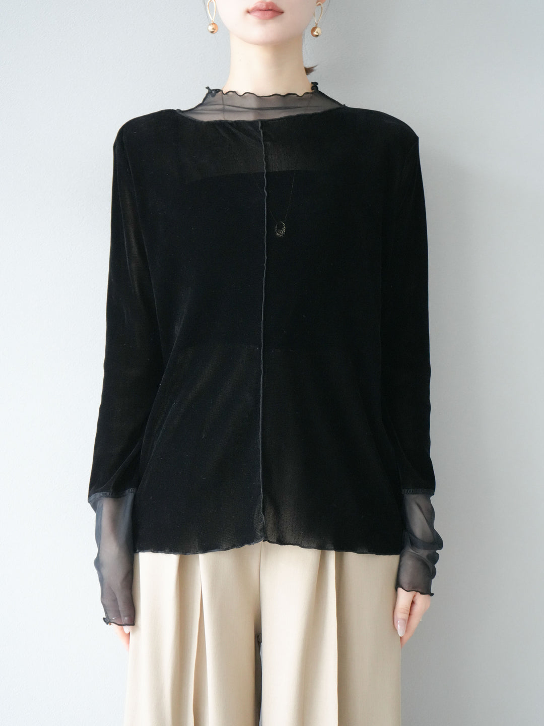 [予約]シアー切替ベロアトップス/ブラック