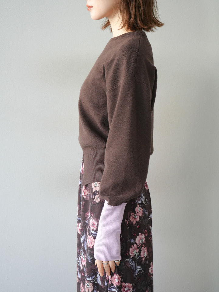 [予約]袖配色フロントスリットニットプルオーバー/ブラウン