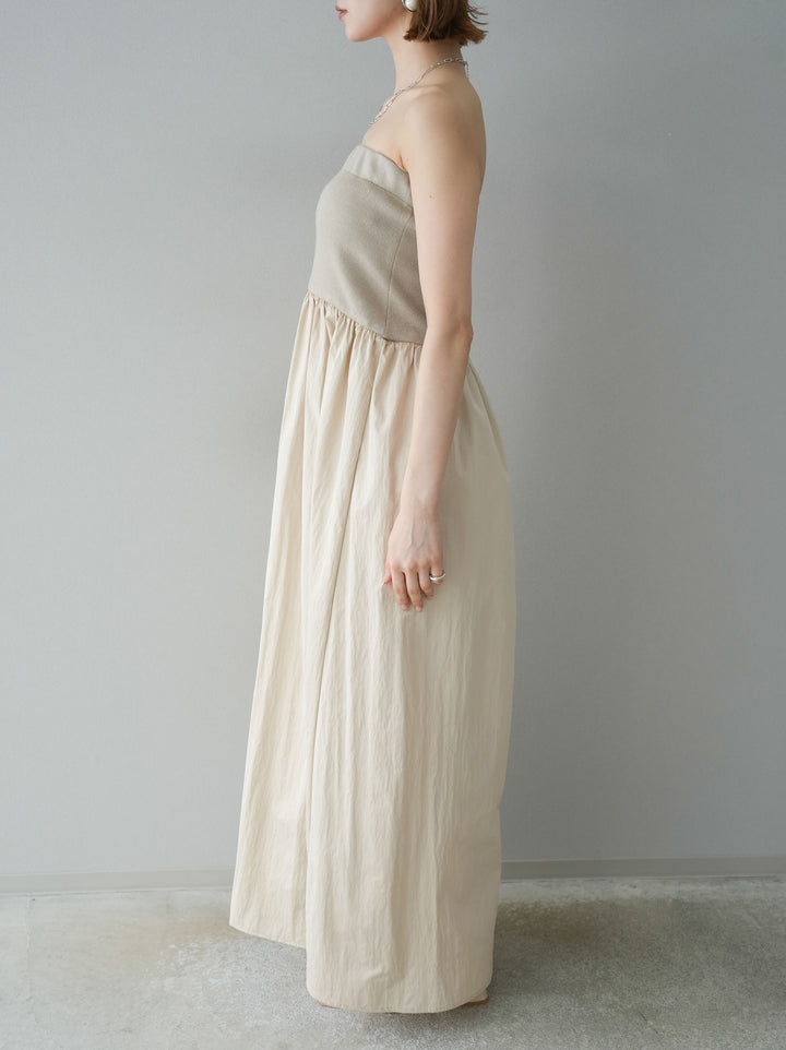 [預訂] 針織 x 塔夫綢小熊洋裝/米色