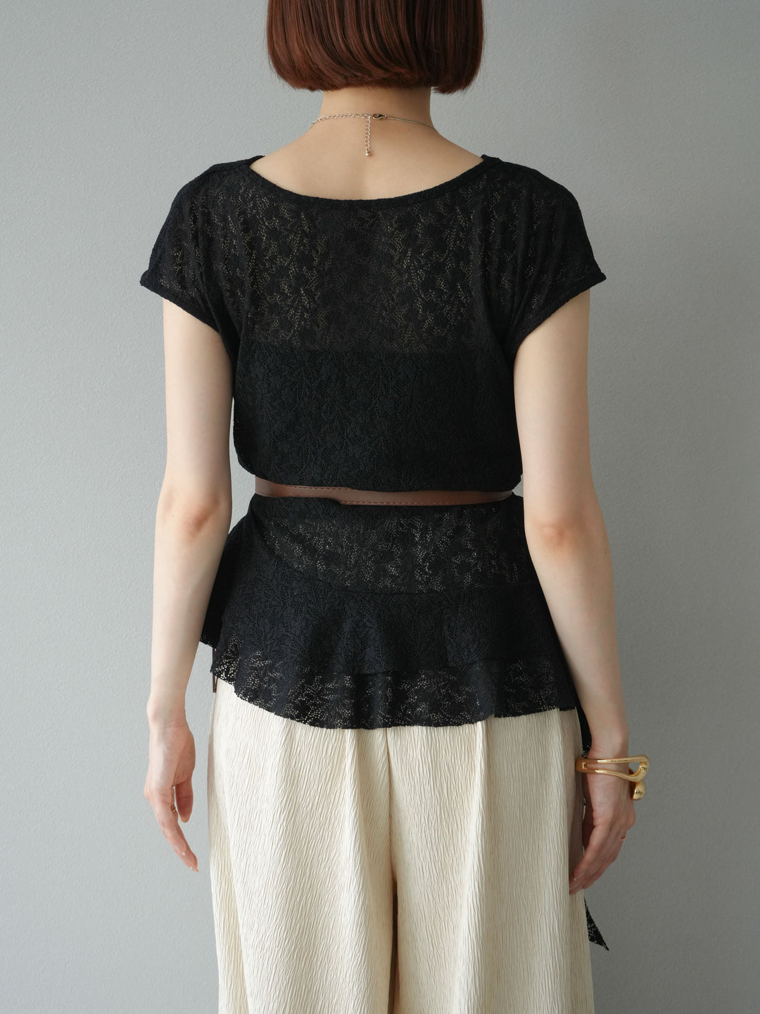 [予約]ベルト付ドレープデザインレーストップス/ブラック