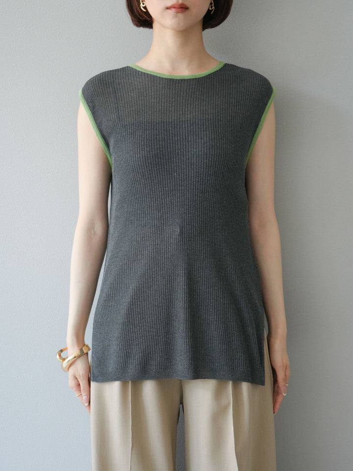 [予約]リネンタッチ配色ニットノースリーブプルオーバー/チャコール