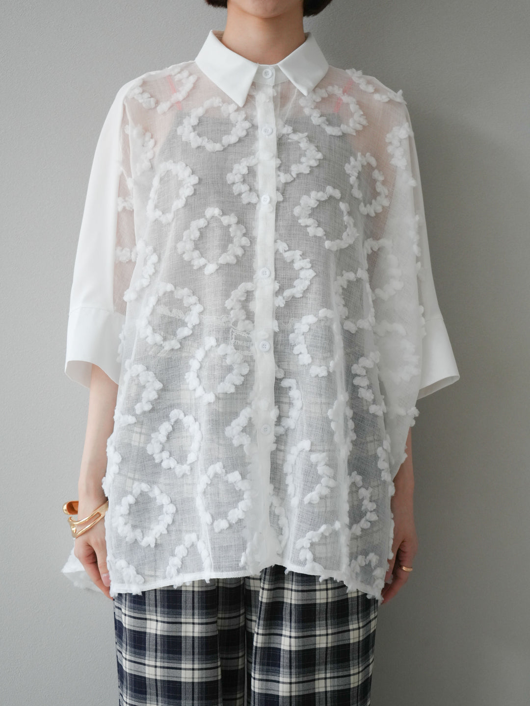 [預訂] 混合材質透視半身襯衫/白色