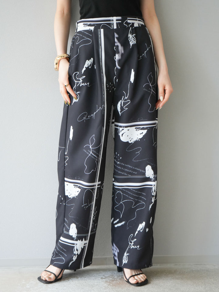 [予約]ペイント柄タックパンツ/ブラック