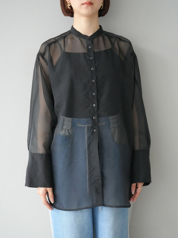 [予約]シャイニーシアーバンドカラーシャツ/ブラック