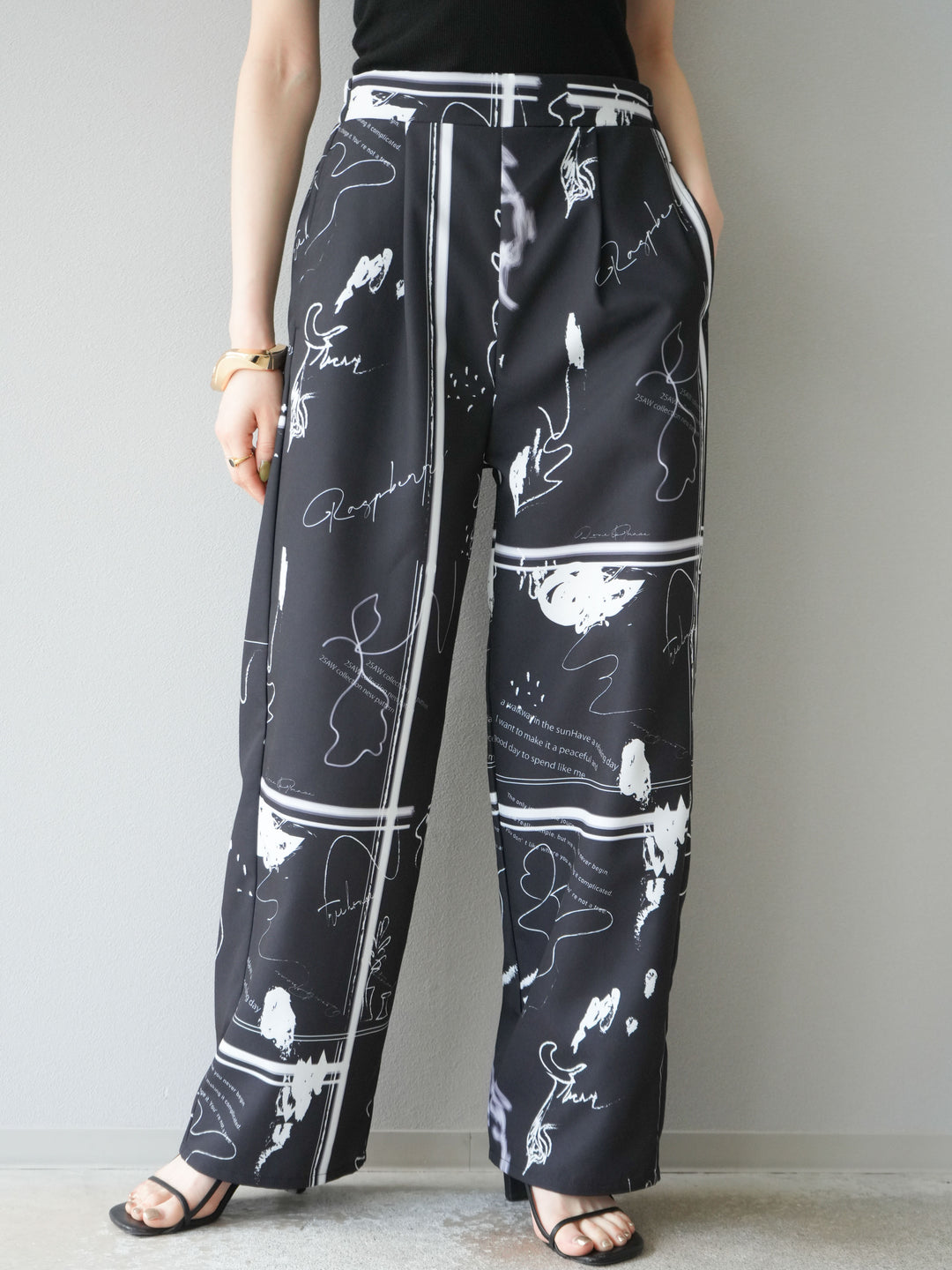 [予約]ペイント柄タックパンツ/ブラック