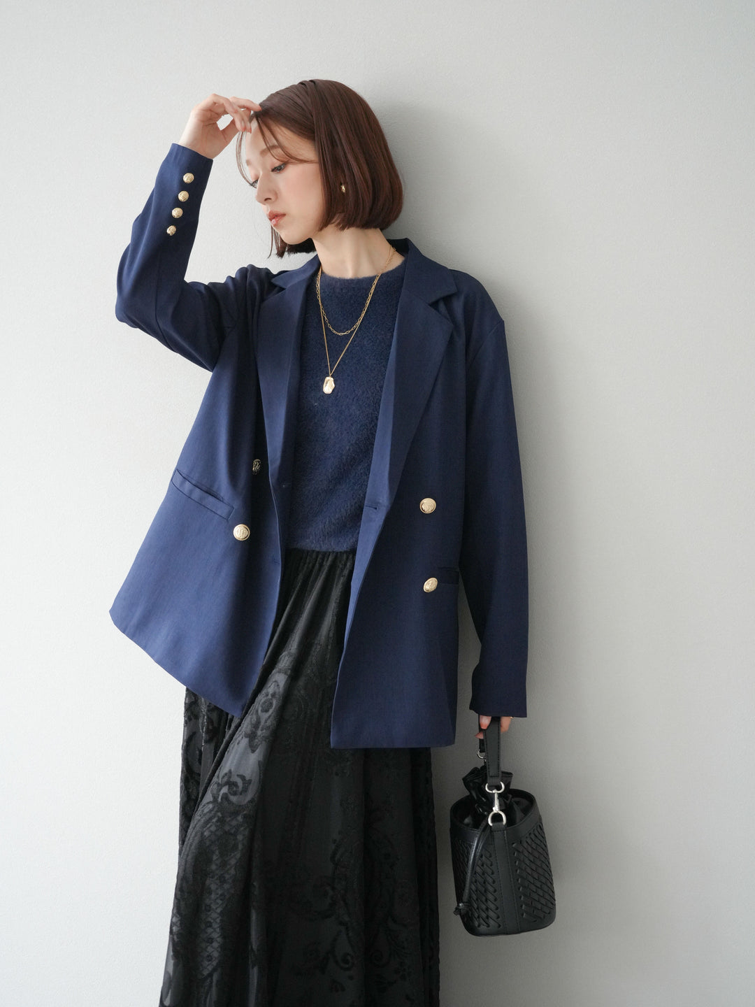 [套裝] 金色扣環斜紋雙排扣西裝外套 + 配件套裝（2 套）