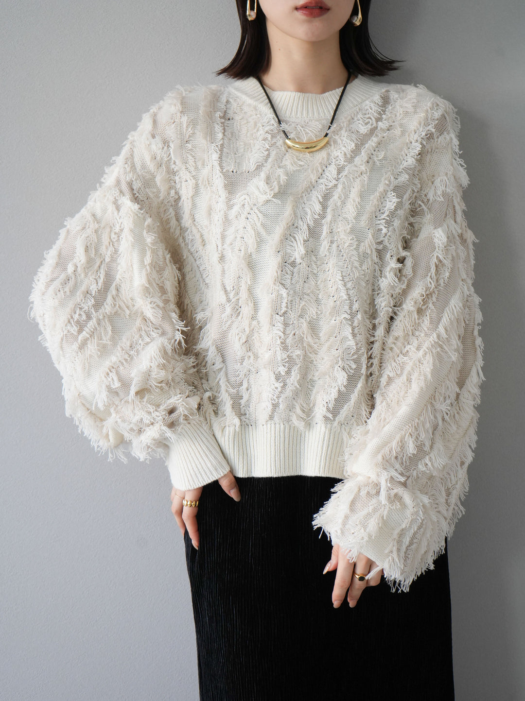 [予約]ミックスフリンジニットプルオーバー/アイボリー