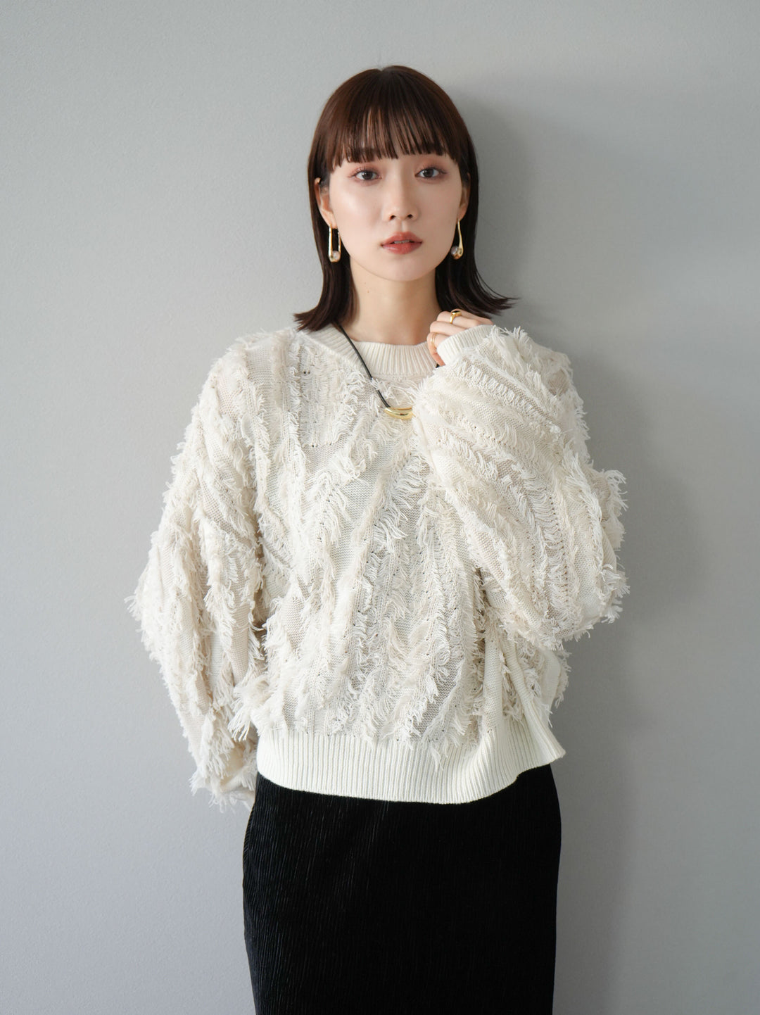 [予約]ミックスフリンジニットプルオーバー/アイボリー