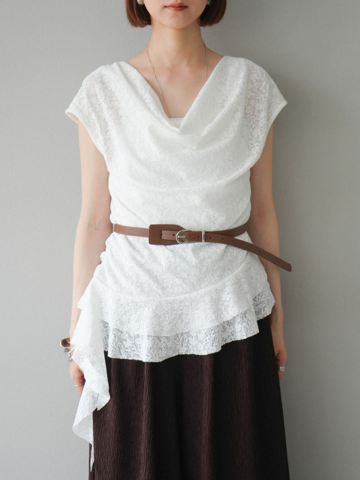 [予約]ベルト付ドレープデザインレーストップス/ホワイト