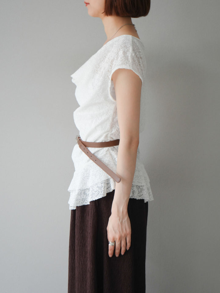 [予約]ベルト付ドレープデザインレーストップス/ホワイト