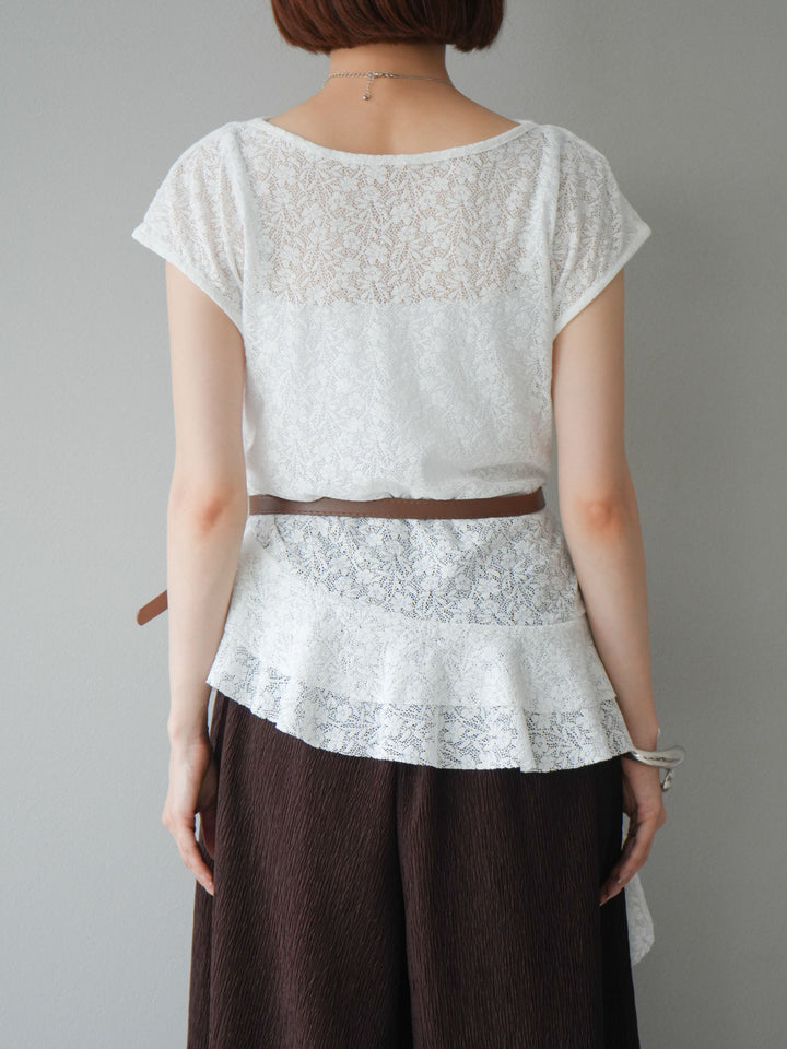 [予約]ベルト付ドレープデザインレーストップス/ホワイト