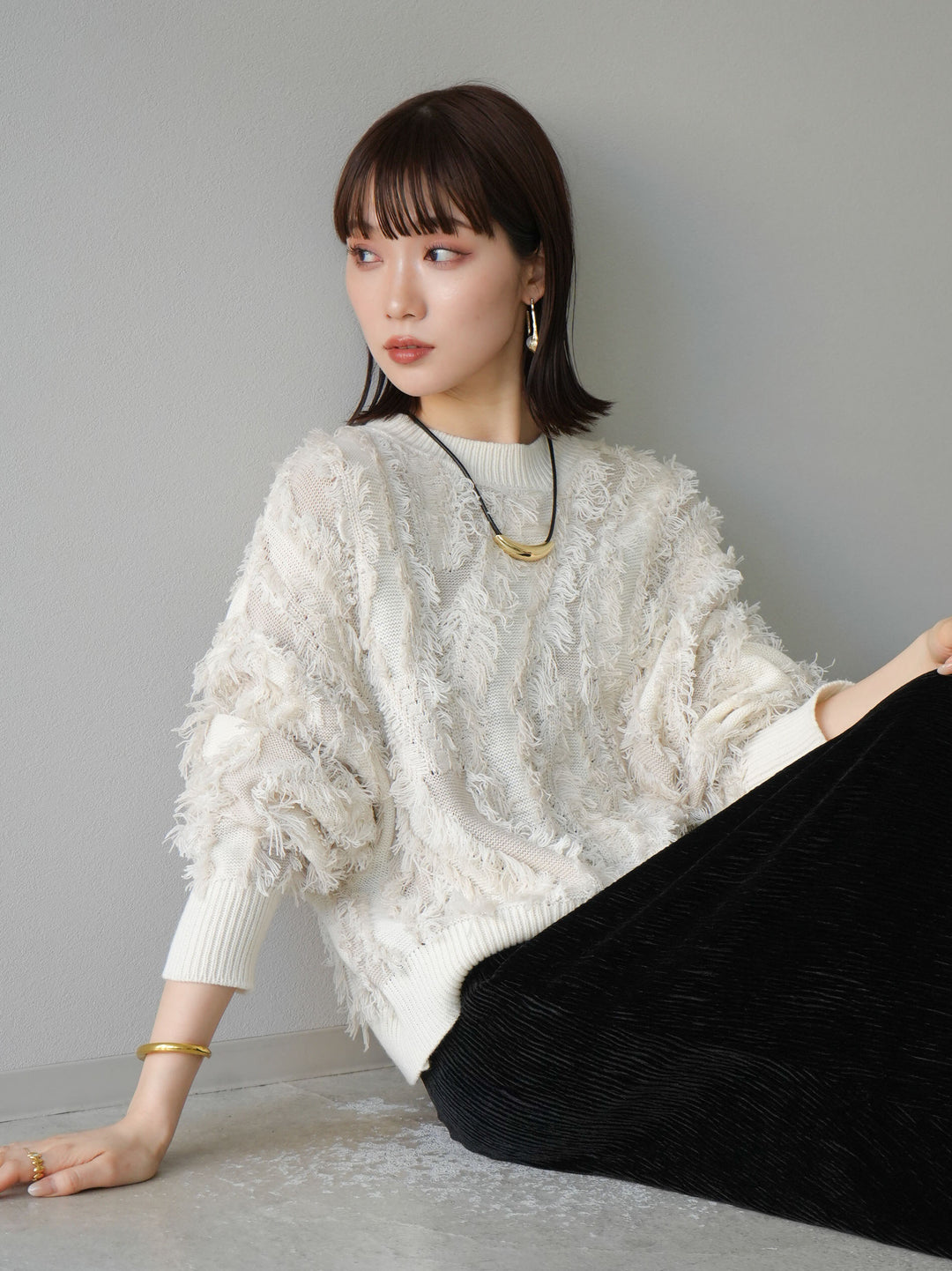 [予約]ミックスフリンジニットプルオーバー/アイボリー