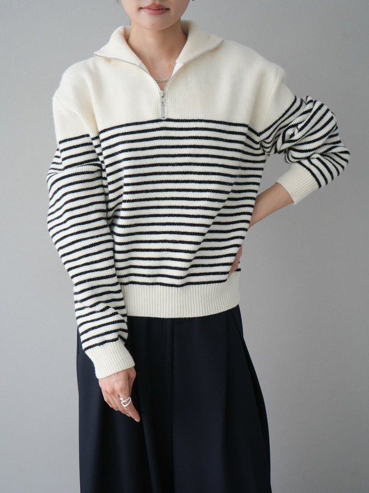 [預訂] 半拉鍊條紋針織/象牙色